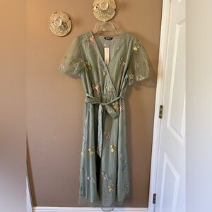 Embroidered Sage Green Dress with Puff Sleeves